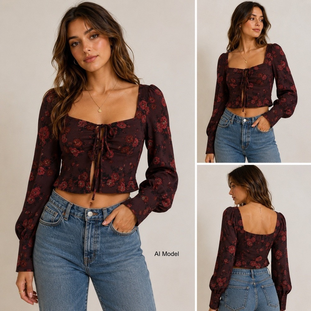 Romantic‎ Floral Tie Front Crop Top Small Peasant Burgundy Rose Print Cottage